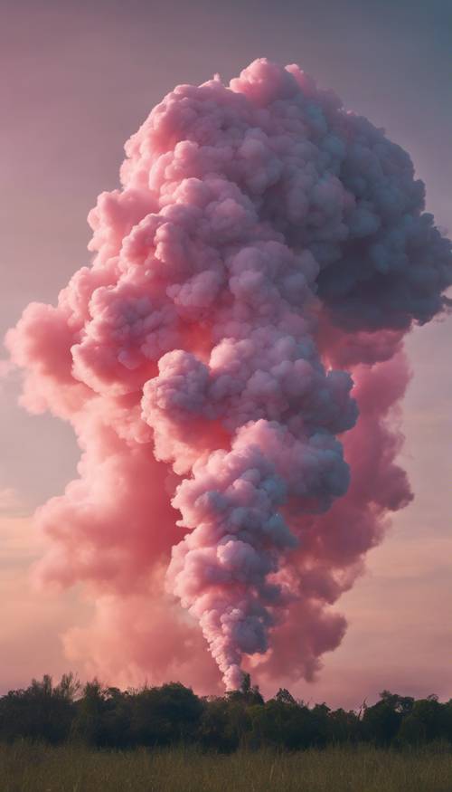 A fluffy pink smoke cloud floating in the clear blue sky during sunset.