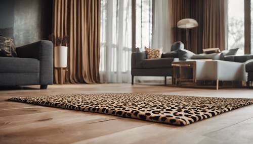 A cheetah print rug draped across a sleek wooden floor, contributing a chic look to the room. Tapet [52df0ae0195648a39b0a]