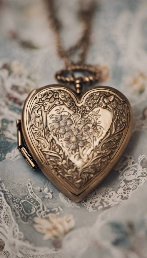 Um medalhão em forma de coração da era vitoriana, intrincadamente gravado com padrões florais e uma pequena fotografia no interior.
