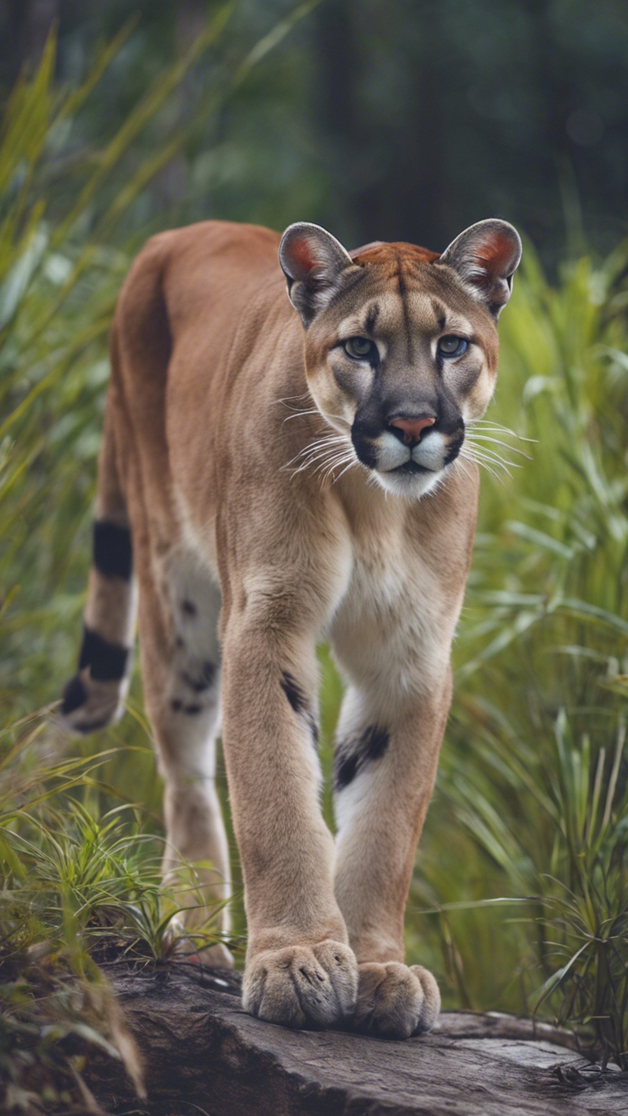 A detailed close-up of a Florida panther in the wild, with emphasis on its piercing eyes and natural habitat. Wallpaper[2ca581fd184749eaac54]