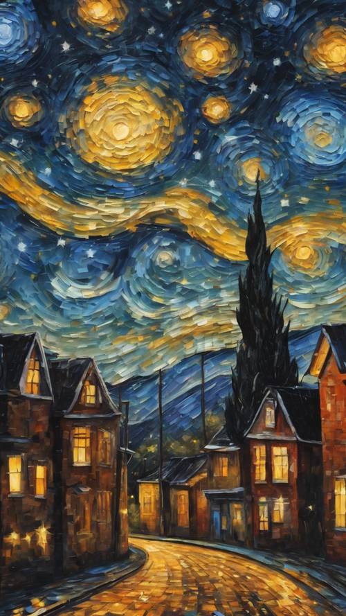 Lukisan cat minyak langit malam berbintang di atas lanskap kota, mengingatkan pada Malam Berbintang karya Van Gogh.