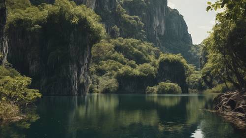 Eine kleine schwarze Lagune, umgeben von hoch aufragenden Klippen, die mit alten, weinbewachsenen Bäumen bedeckt sind.