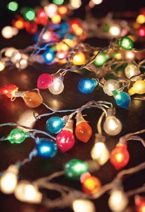 A colorful assortment of vintage 1960s Christmas lights strung across a sunlit living room with mid-century decor.