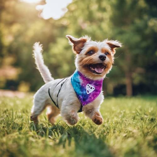 A small dog trotting happily in the grass with a tie-dye bandana around its neck.