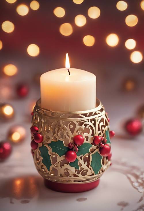 A beautifully crafted, kawaii-themed Christmas candle with an intricate pattern of holly and berries.