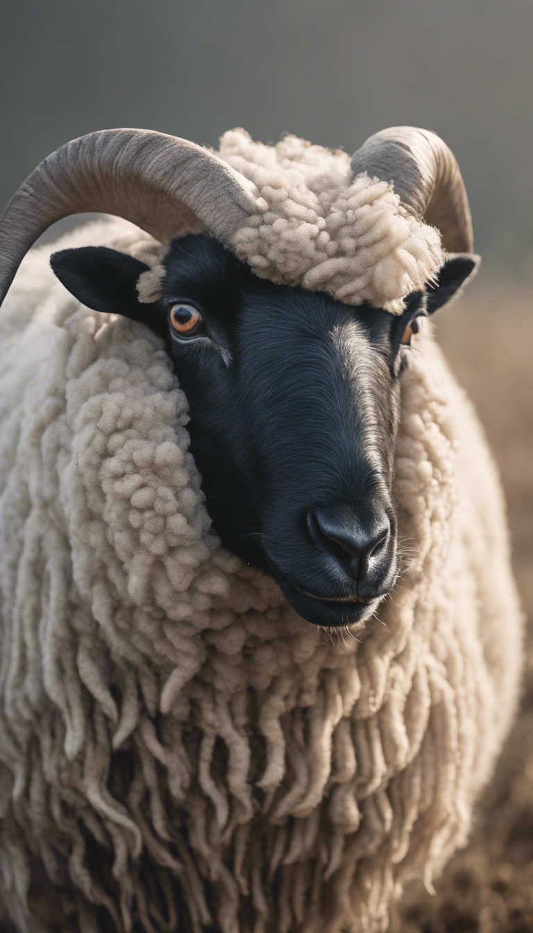 A black-faced Suffolk sheep, locking eyes with the viewer, set against a backdrop of a foggy morning. Fondo de pantalla[109d887639684e729ee7]