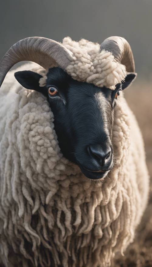 Uma ovelha Suffolk de rosto preto, fixando os olhos no espectador, tendo como pano de fundo uma manhã de neblina.
