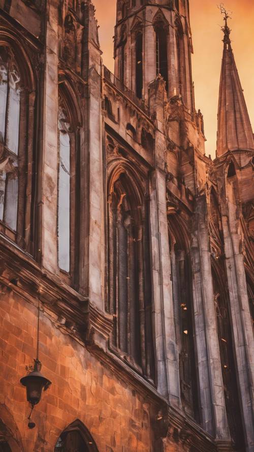 Der Glockenturm einer Kathedrale bei Sonnenuntergang, wobei die leuchtenden Farben die gotische Architektur hervorheben.