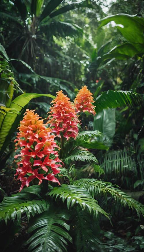 Yoğun bir orman yolu boyunca bir dizi parlak renkli tropikal zencefil çiçeği noktalı.