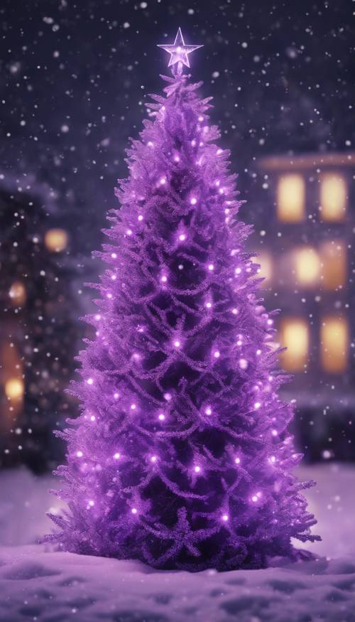 A minimalist Christmas tree composed of purple LED lights set against a snowy backdrop.