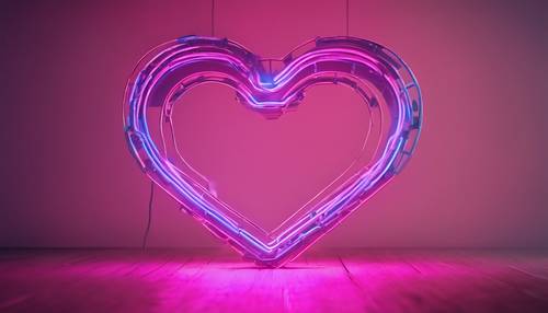 Un segno di cuore animato realizzato con luci al neon blu e rosa.