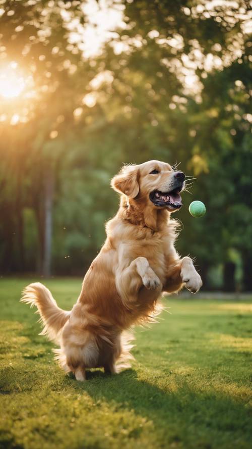 A golden retriever at sunset playing frisbee in a lush, green park.