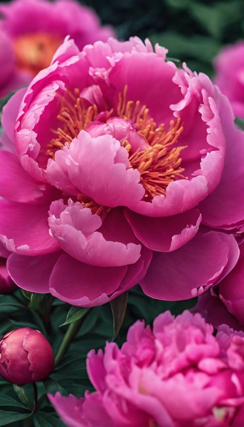 Una exuberante peonía de color rosa intenso en un jardín, los colores de sus pétalos cambian gradualmente de un rosa intenso a un rosa dulce más suave.