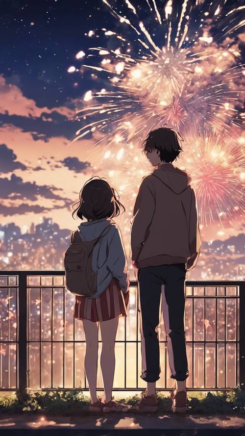 Аниме-пара обнималась, наблюдая за фейерверком, цветущим в ночном небе.
