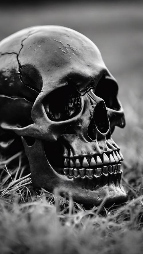 A grinning black skull on a field of pure white.