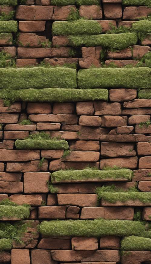 A wall made of evenly stacked, polished brown bricks with moss growing in the crevices.