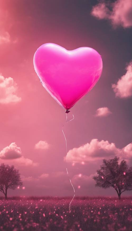 A neon pink heart-shaped balloon floating high in the summer sky. Tapet [678ba0d0bccb457d8e70]