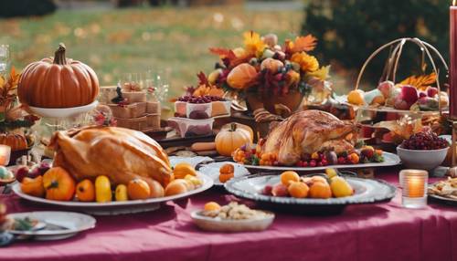 Farbenfrohes Thanksgiving-Buffet mit verschiedenen Texturen, von Samttischdecken bis hin zu geflochtenen Lebensmittelkörben und leuchtenden Lebensmittelfarben.