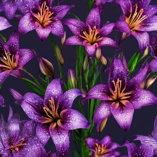 A digital drawing of a cosmic purple lily with stars twinkling within its petals. Tapet [e168f4b73b484339adce]