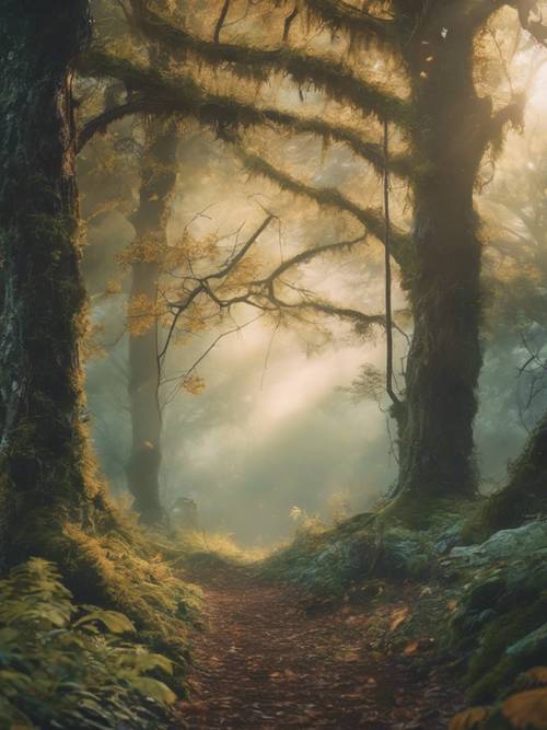 Une vue panoramique à couper le souffle sur une forêt enchantée peuplée de créatures magiques variées, entourée d&#39;une brume sans faille.