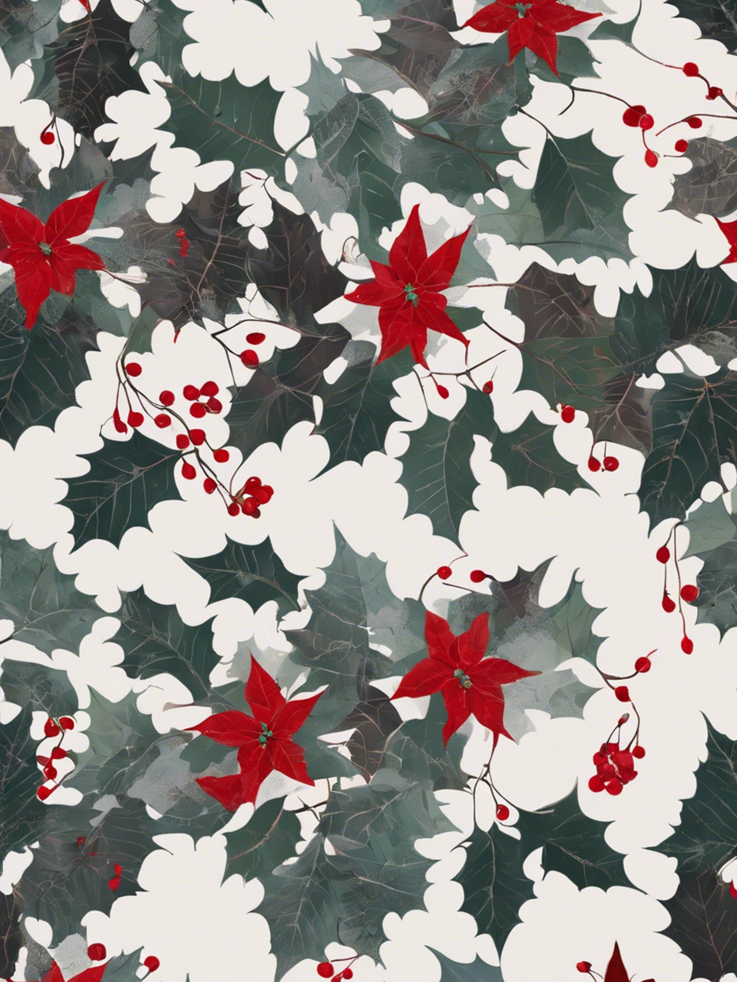 A winter-themed floral pattern with silhouettes of holly and poinsettias.壁紙[6578f1af282648ffbf9d]