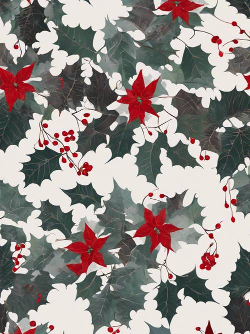 Um padrão floral com tema de inverno com silhuetas de azevinhos e poinsétias.