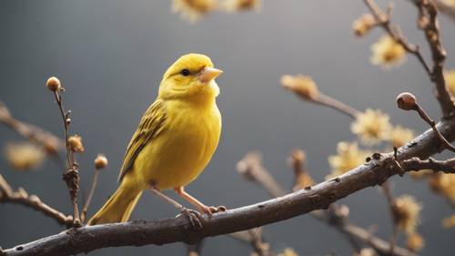 A small canary perched on a branch, singing out to announce the start of the day. Tapeta [74c3266fe407452e8ff5]