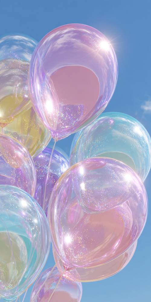 Những quả bóng bay màu pastel lấp lánh trôi nổi trên bầu trời xanh. Hình nền [dd9660856f7c4822b0f3]