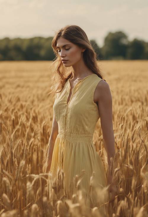 황금빛 밀밭에서 연한 노란색 여름 드레스를 입은 여성의 초상화.