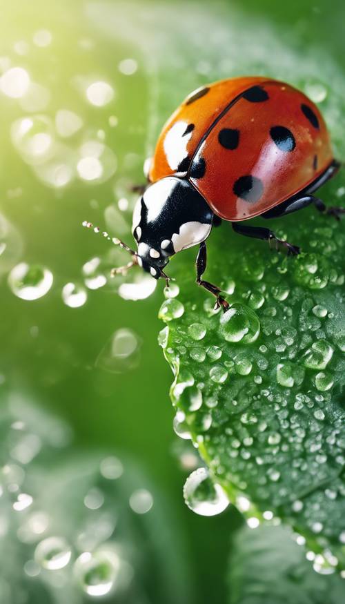 A ladybug resting on a dew-covered leaf. Wallpaper [4d74fceb7eb7480ba454]