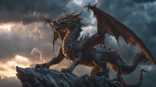 Un dragon de nuages ​​d&#39;orage, sculptant sa silhouette dans le ciel orageux, un éclairage clignotant dans ses yeux.