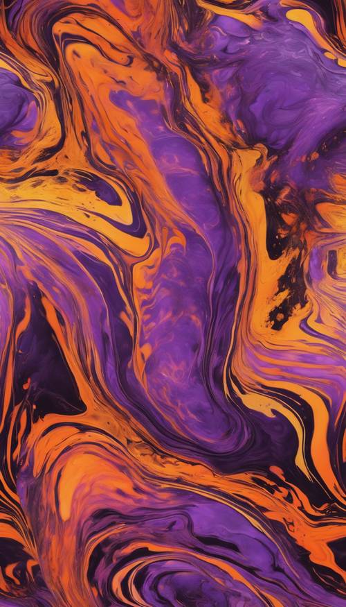 Tekstur marmer neon dengan garis-garis oranye, ungu dan kuning terjalin dalam pola mulus.