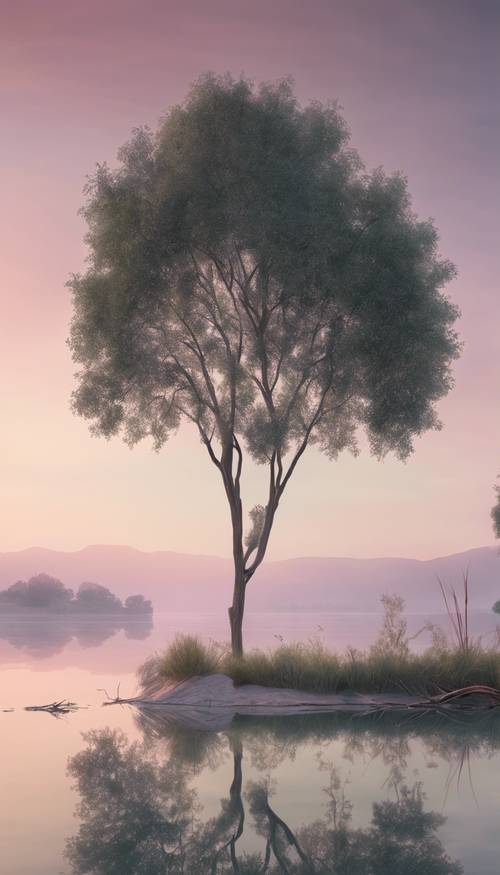 Şafakta sakin bir göle yansıyan yumuşak pastel tonlarla dolu sakin bir manzara.