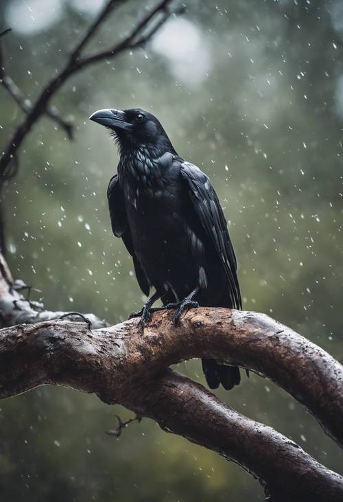 Um corvo negro sentado em um galho durante uma tempestade