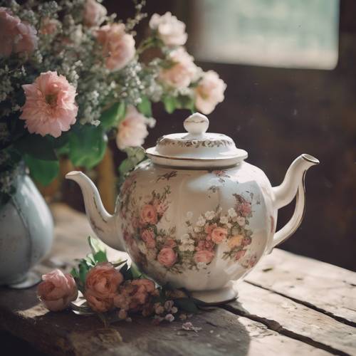 Một ấm trà cổ điển tràn ngập những bông hoa sang trọng tồi tàn trên chiếc bàn mộc mạc