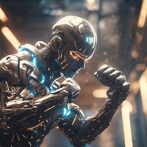 Un potente cyborg futuristico in posizione di combattimento, con energia luminosa che vortica attorno ai suoi pugni.