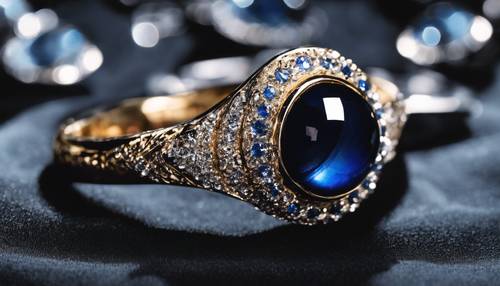 A crystal-encrusted evil eye ring in sapphire blue and diamonds reflecting light eloquently against a black velvet backdrop.