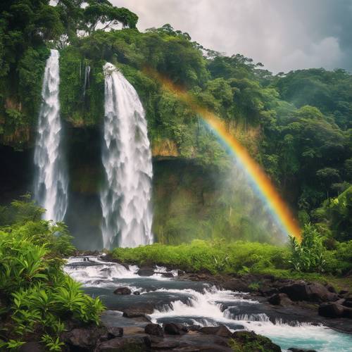 A scenic tropical waterfall surrounded by lush green foliage and a vibrant rainbow forming from the spray.