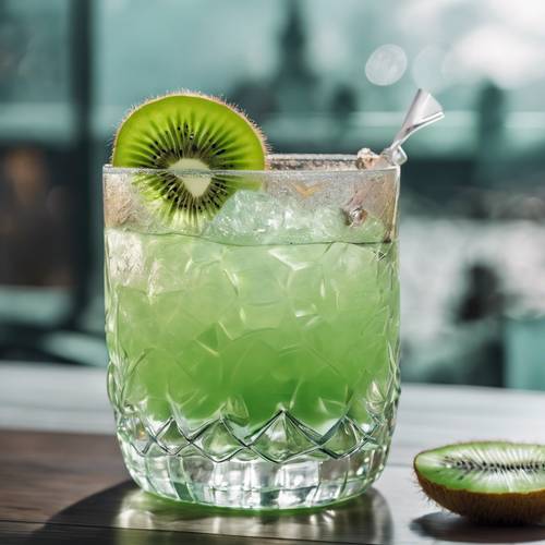 A fancy pastel green cocktail with a slice of kiwi in a crystal glass.