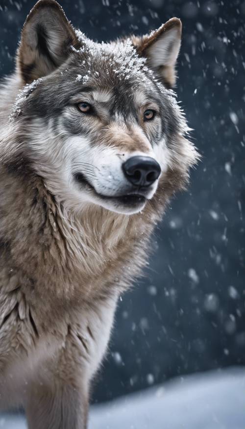 A single gray wolf howling under the midnight moon with snowflakes falling softly around.