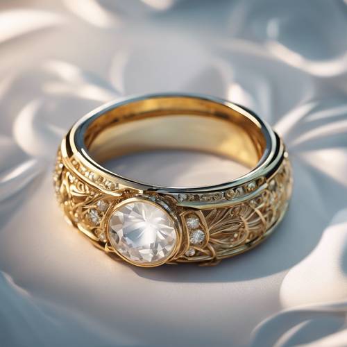 Karmaşık bir altın yüzüğün içine yerleştirilmiş parlak beyaz bir değerli taş.