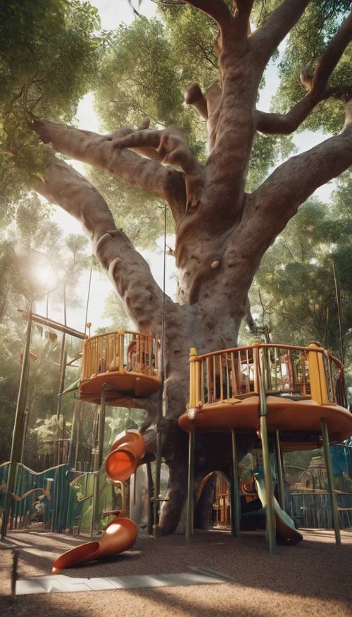 Plac zabaw dla dzieci zbudowany wokół drzew, w sercu nowoczesnego miasta w dżungli. Tapeta [3b2222bd3dd245b7a2bb]