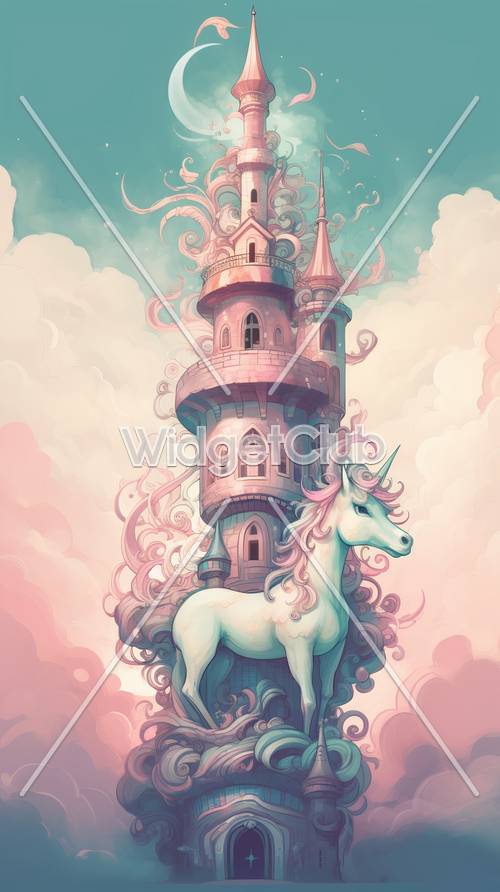 Unicornio encantado y castillo en las nubes.