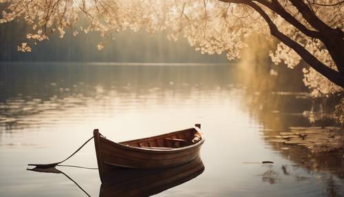 Un seul bateau en bois flottant sur un lac tranquille, la scène minimaliste baignée par le chaud soleil printanier.