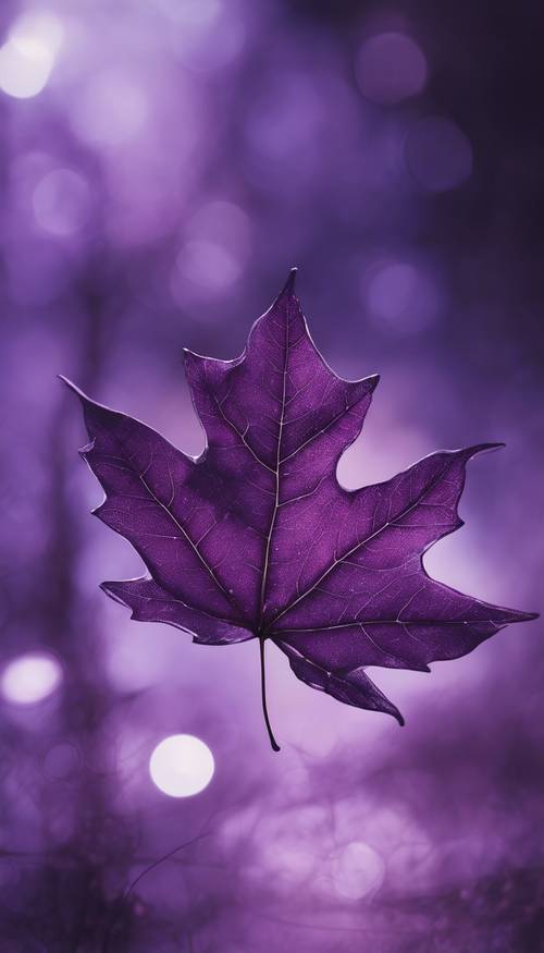 一幅梦幻般的紫色叶子的画，叶脉在月光下闪闪发光。