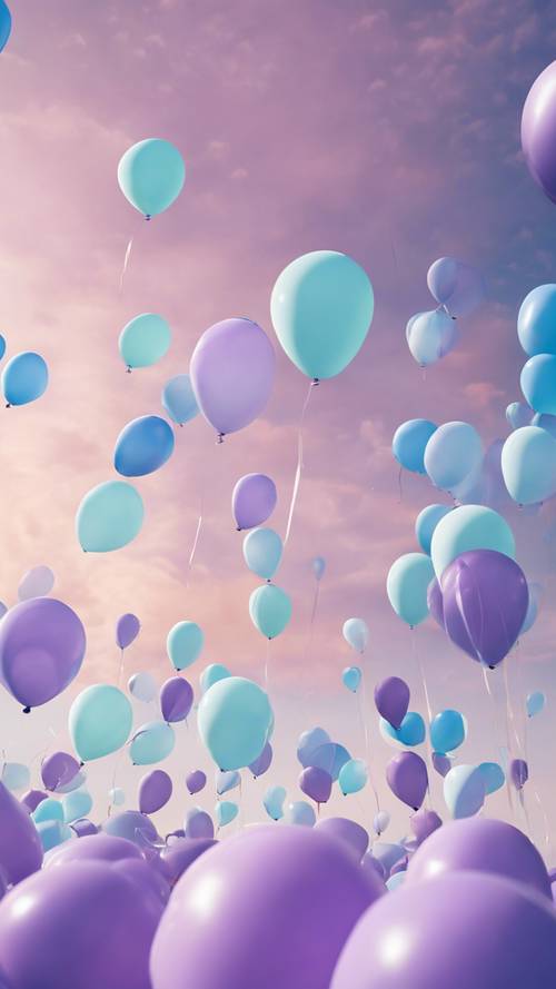Une scène fantaisiste de ballons violets et bleus pastel remplissant le ciel d’été.