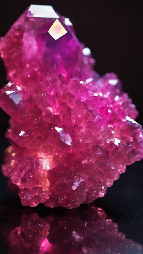 A dark pink flaming Aura quartz cluster shimmers against black, space-like background.
