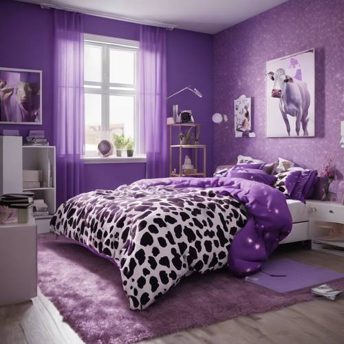 Комната девочки-подростка с модным фиолетовым постельным бельем с коровьим принтом.