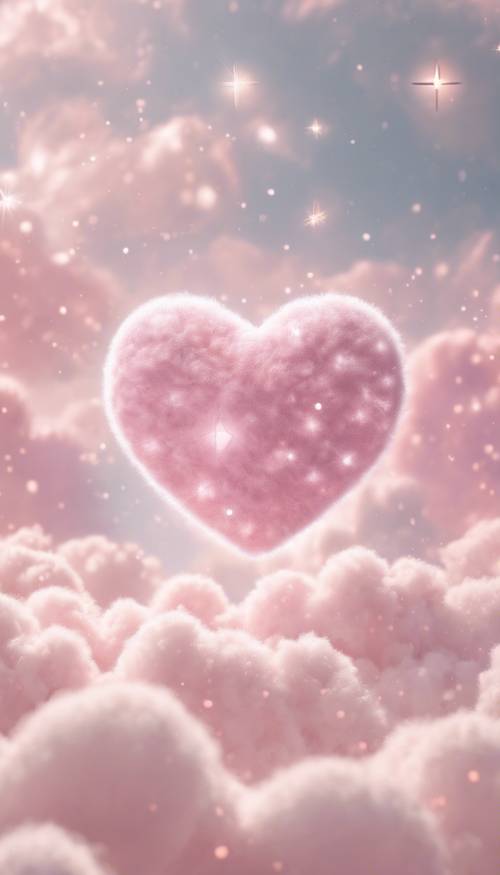 Um doce coração kawaii com uma cor rosa pastel e detalhes de estrelas cintilantes, no meio de nuvens brancas fofas.
