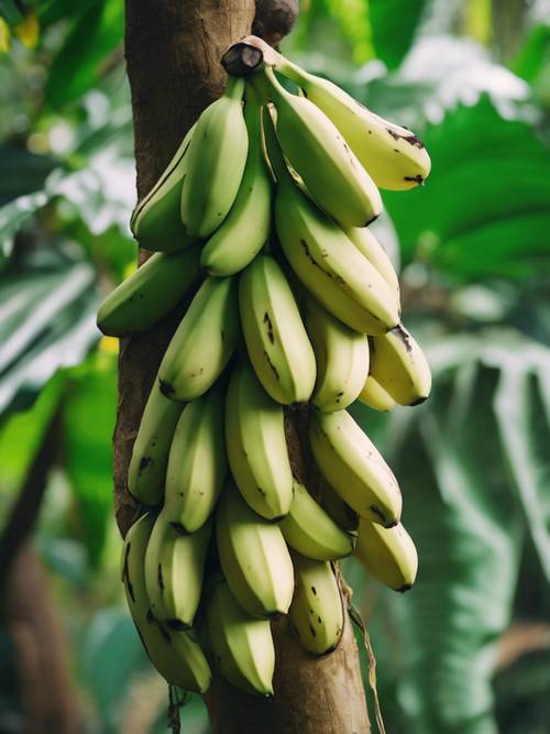 Unripe green bananas slowly turning yellow as they hang from a branch in a tropical jungle.
